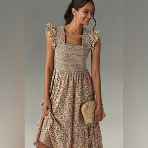 English Factory Orange Floral Midi Dress with Green Leaves